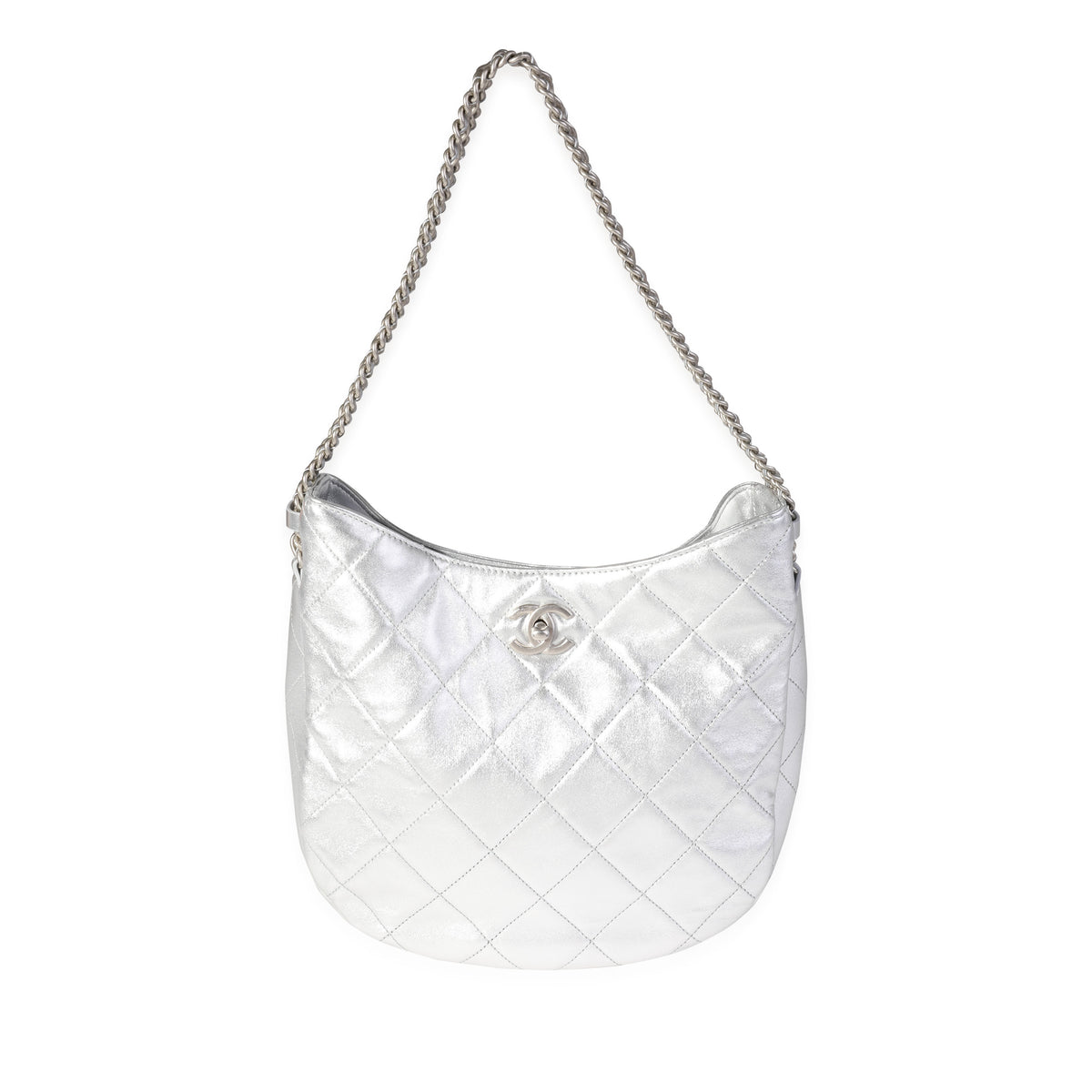 Chanel Silver Quilted Lambskin Chain Hobo