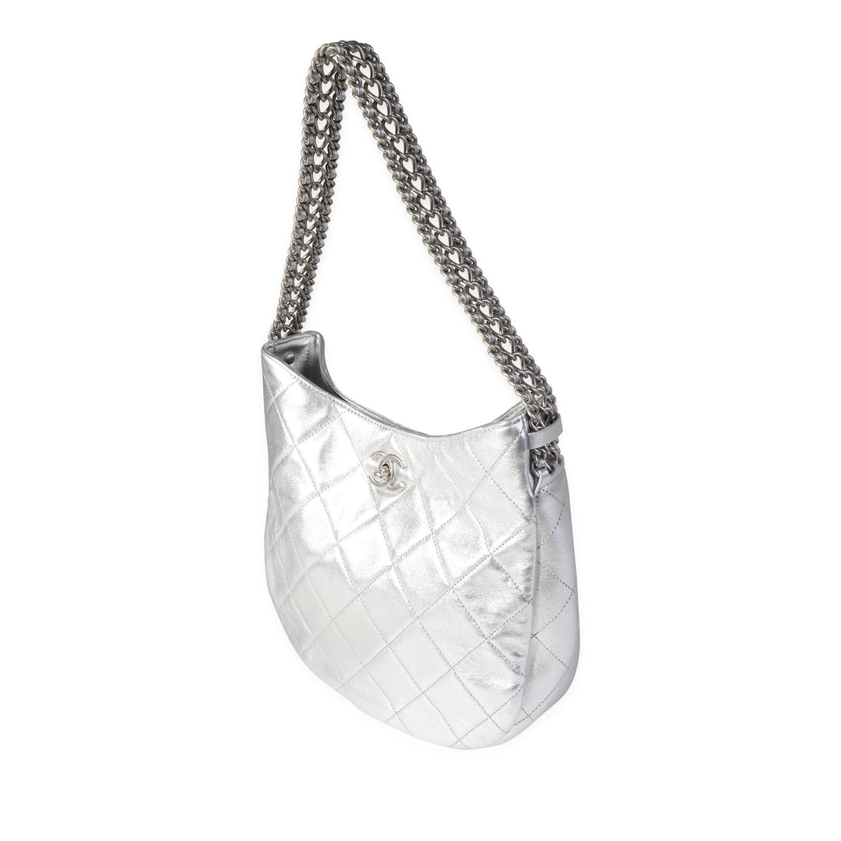 Chanel Silver Quilted Lambskin Chain Hobo