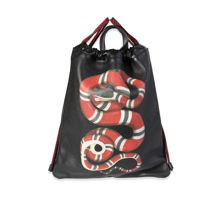 Black Grained Leather King Snake Drawstring Backpack