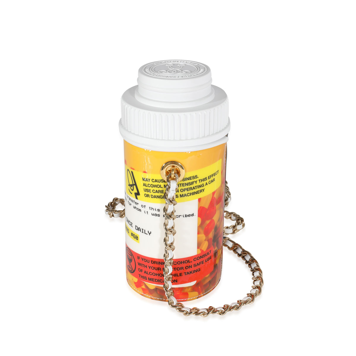 Moschino White Capsule Printed Patent Leather Pill Bottle Crossbody Bag