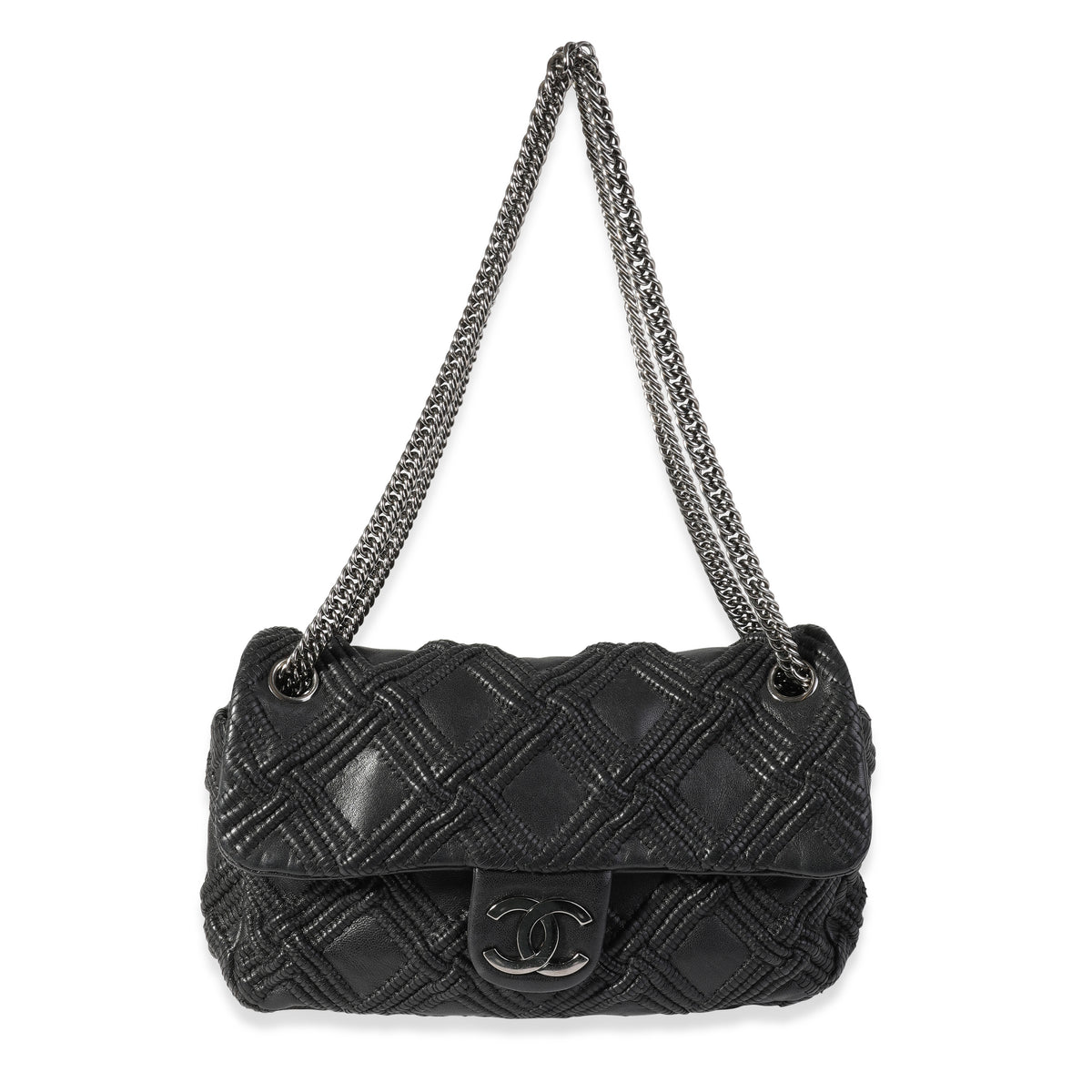 Black Woven Grid Leather Single Flap Bag