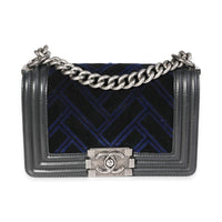 Chanel Blue Velvet & Black Calfskin Small Boy Bag