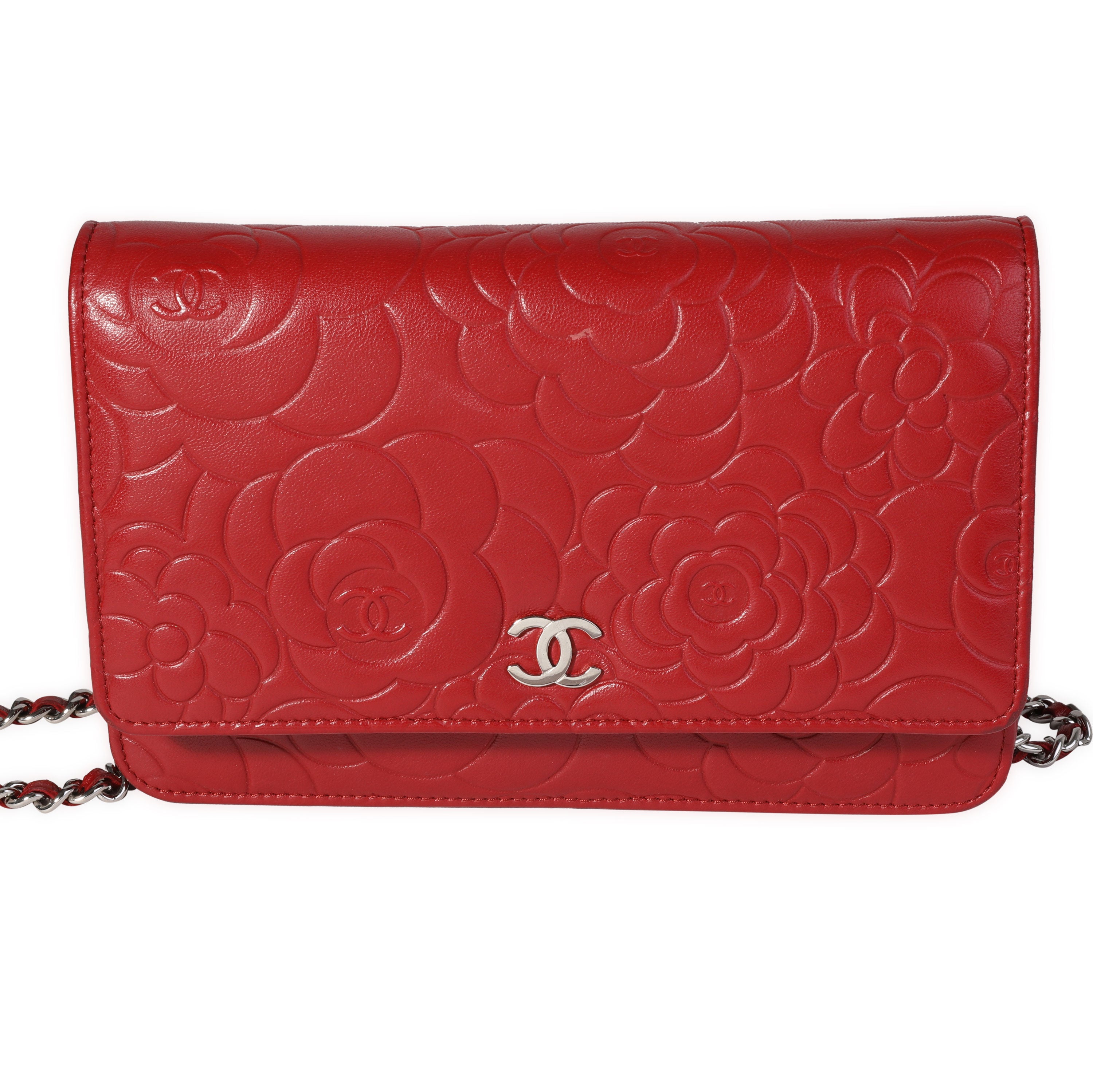 Chanel Red Camellia-Embossed Leather Wallet on Chain For Sale at