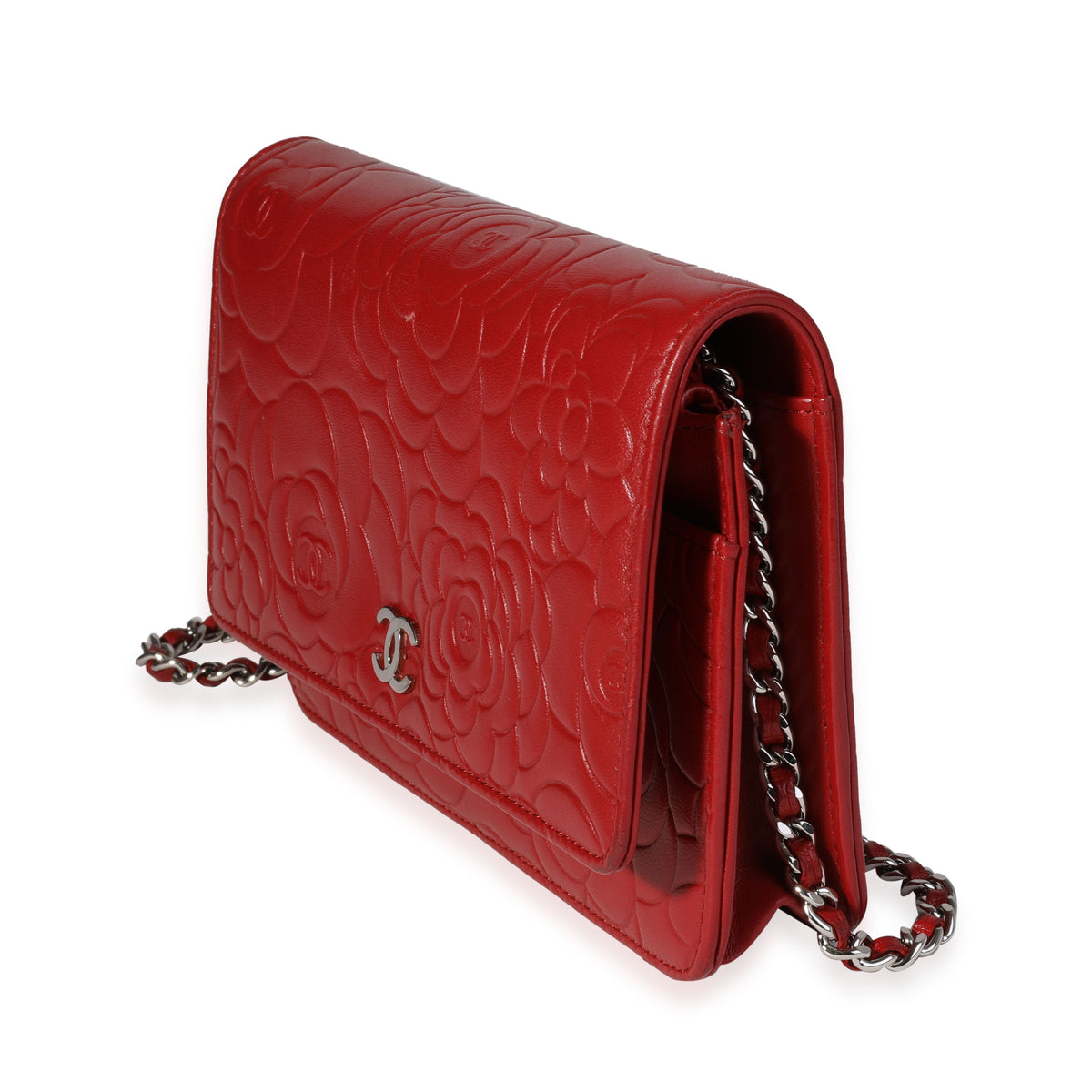 Chanel Red Camellia-Embossed Leather Wallet on Chain