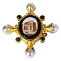 Elizabeth Locke Micromosaic Brooch with Grey Pearls & Onyx in 18k Yellow Gold