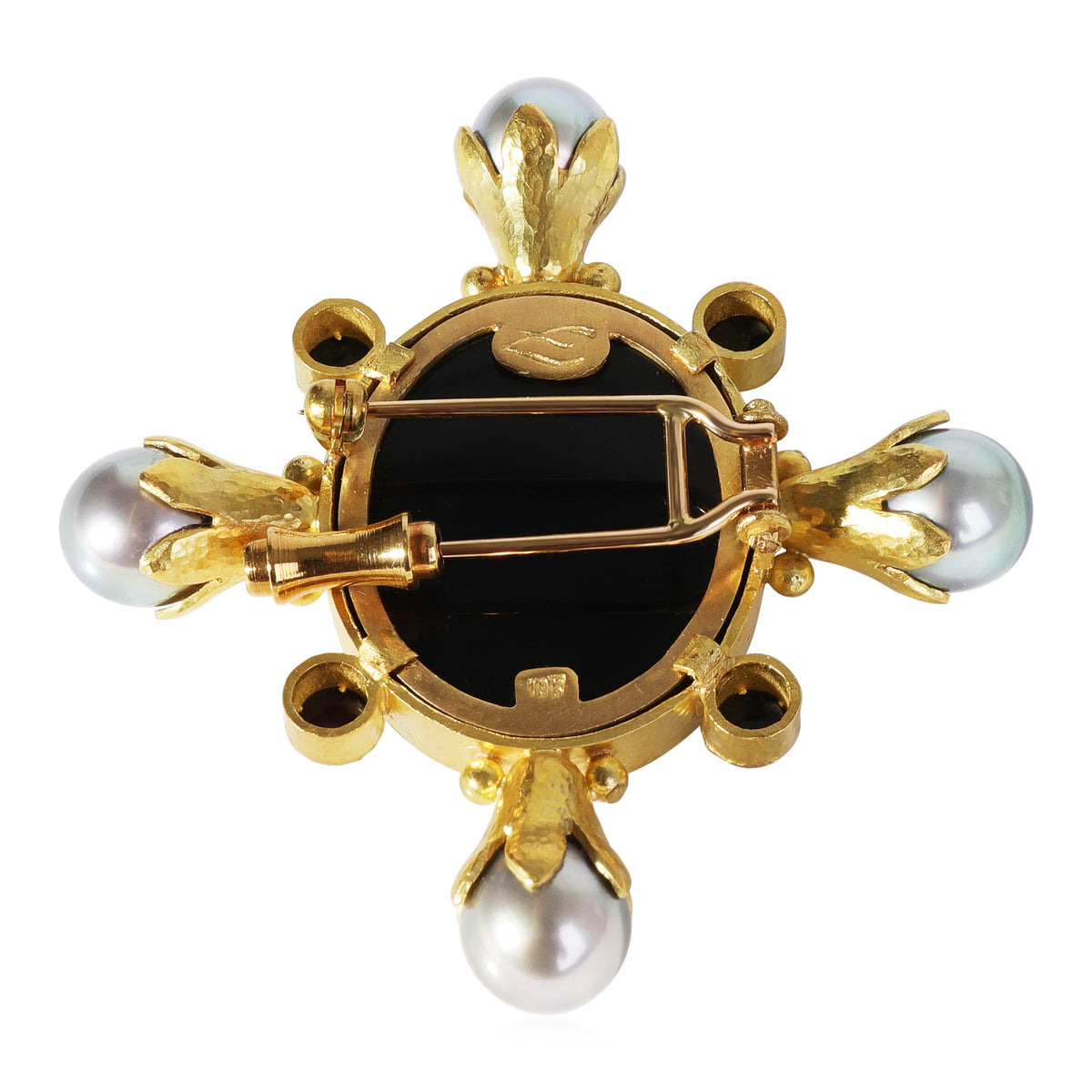 Elizabeth Locke Micromosaic Brooch with Grey Pearls & Onyx in 18k Yellow Gold