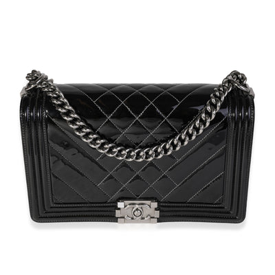 Chanel Black Quilted Patent Leather New Medium Boy Bag