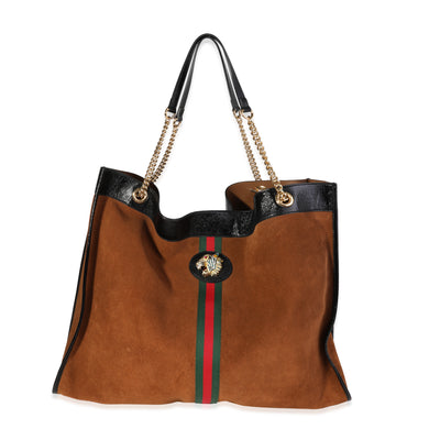 Gucci Brown Suede & Black Patent Leather Maxi Rajah Chain Tote