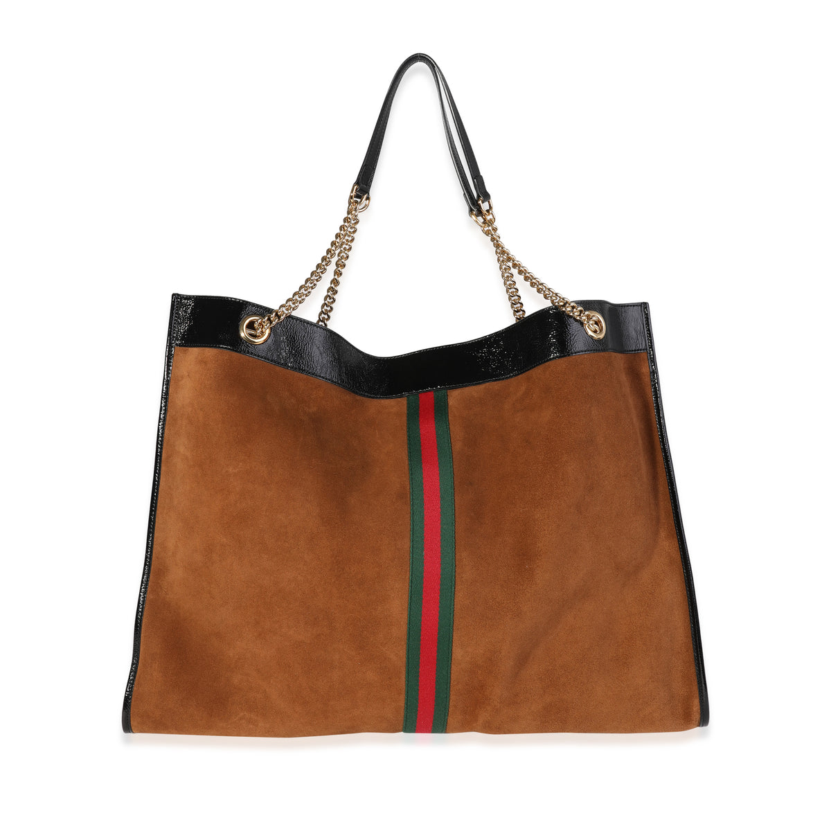 Gucci Brown Suede & Black Patent Leather Maxi Rajah Chain Tote