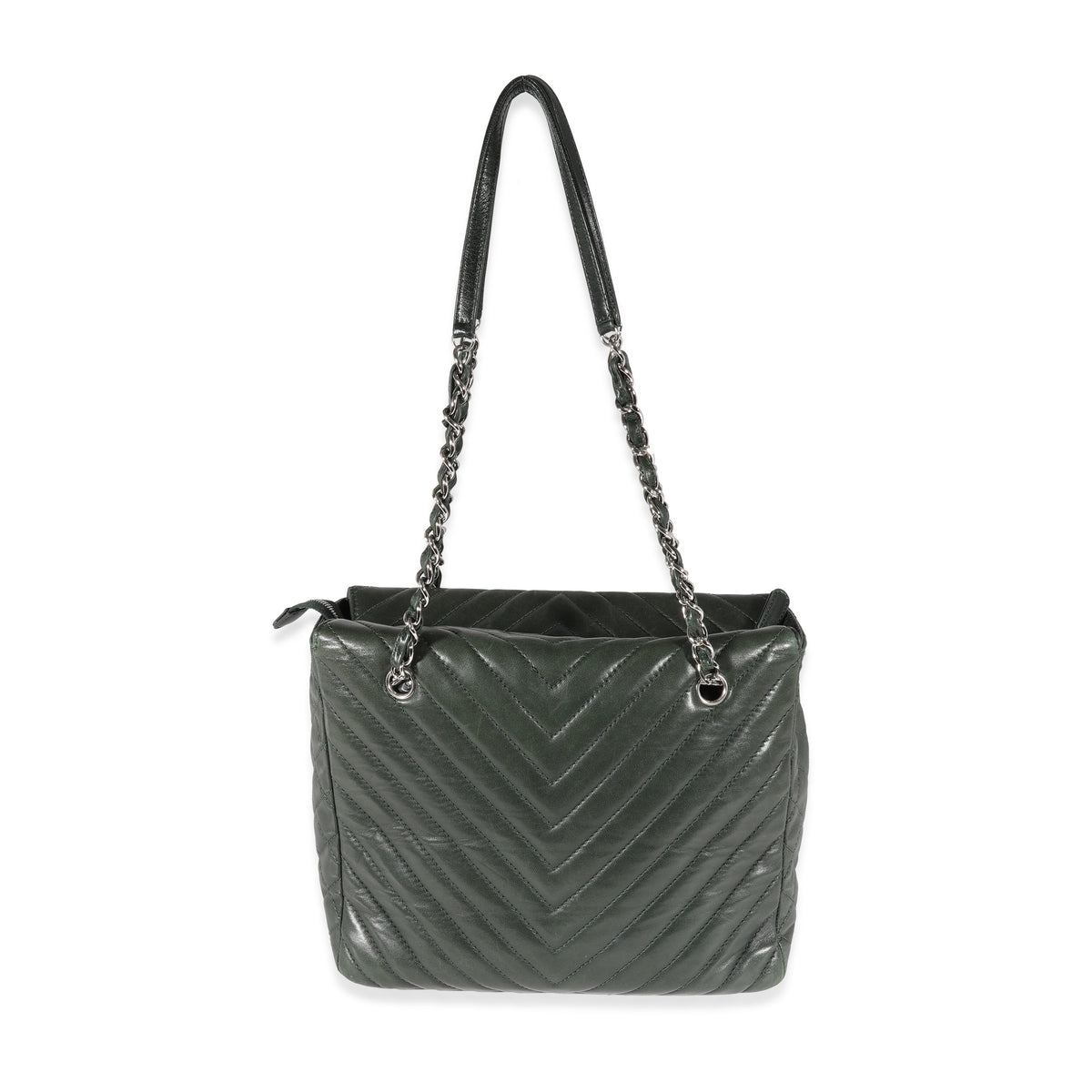 Chanel Olive Green Chevron Quilted Lambskin Surpique Tote