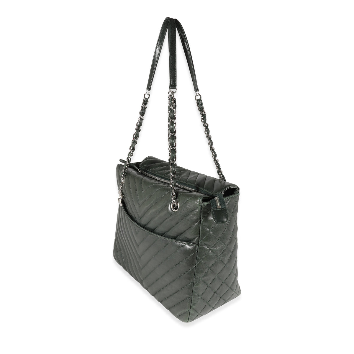 Chanel Olive Green Chevron Quilted Lambskin Surpique Tote