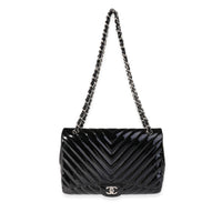 Chanel Black Chevron Quilted Patent Leather Jumbo Classic Single Flap Bag