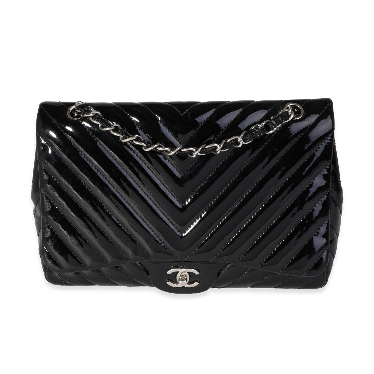 Chanel Black Chevron Quilted Patent Leather Jumbo Classic Single Flap Bag