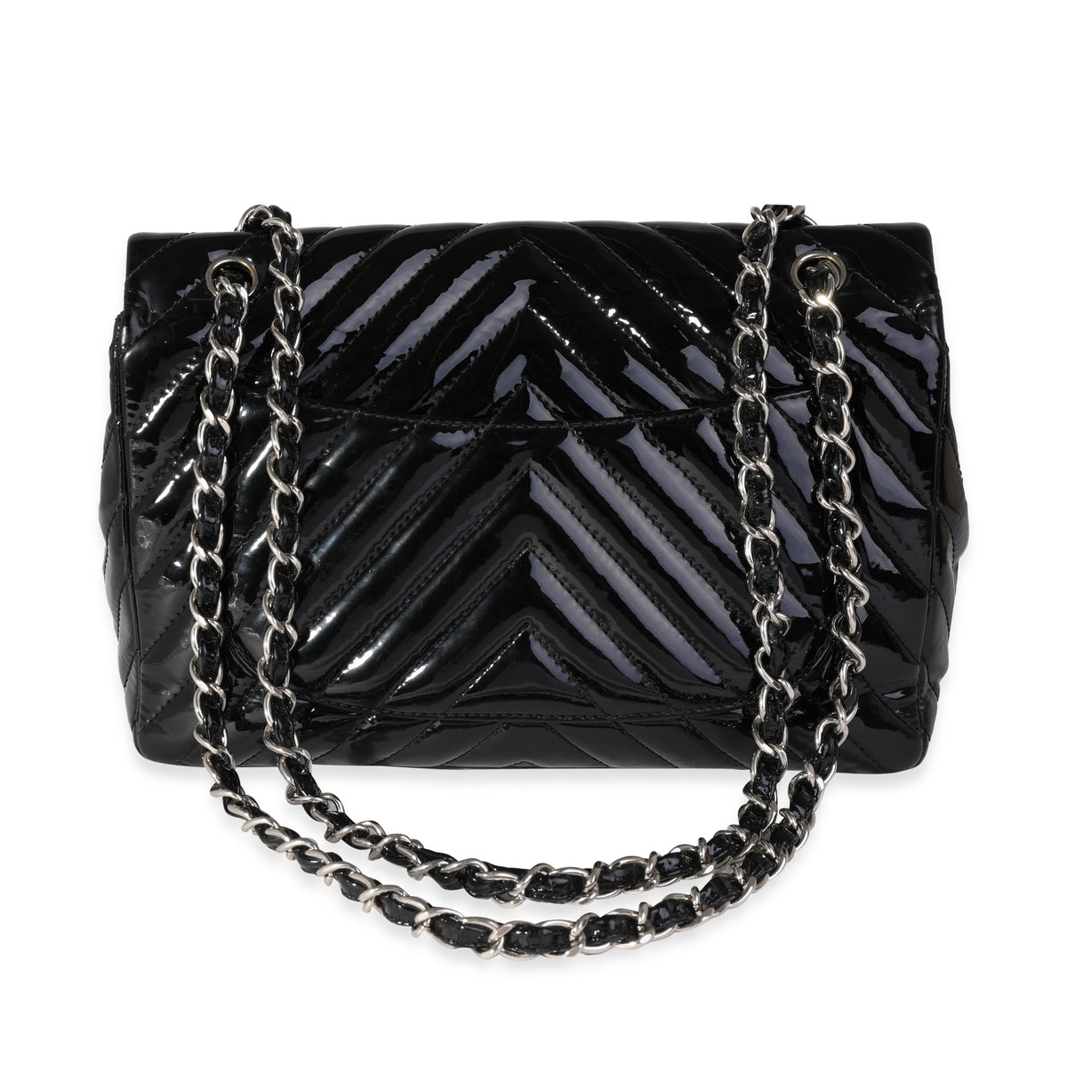 Chanel Black Chevron Quilted Patent Leather Jumbo Classic Single Flap Bag