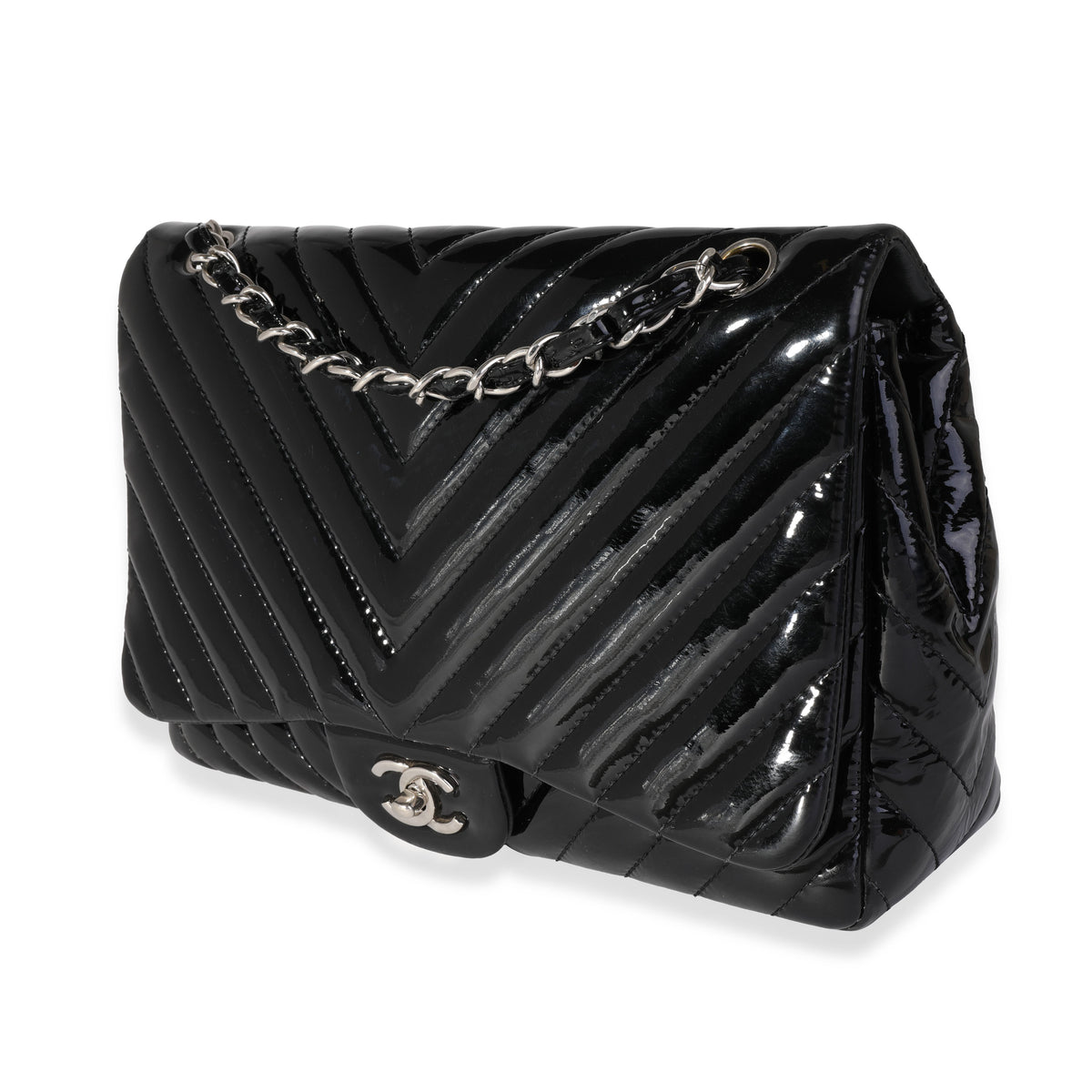 Chanel Black Chevron Quilted Patent Leather Jumbo Classic Single Flap Bag