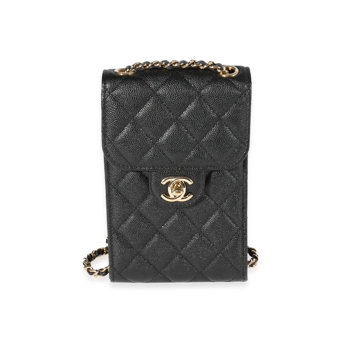 Chanel Black Quilted Caviar Phone Holder with Chain, myGemma