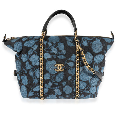 Chanel Blue Floral Quilted Denim Bowling Bag