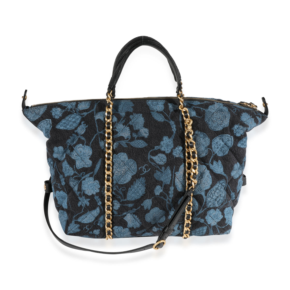 Chanel Blue Floral Quilted Denim Bowling Bag