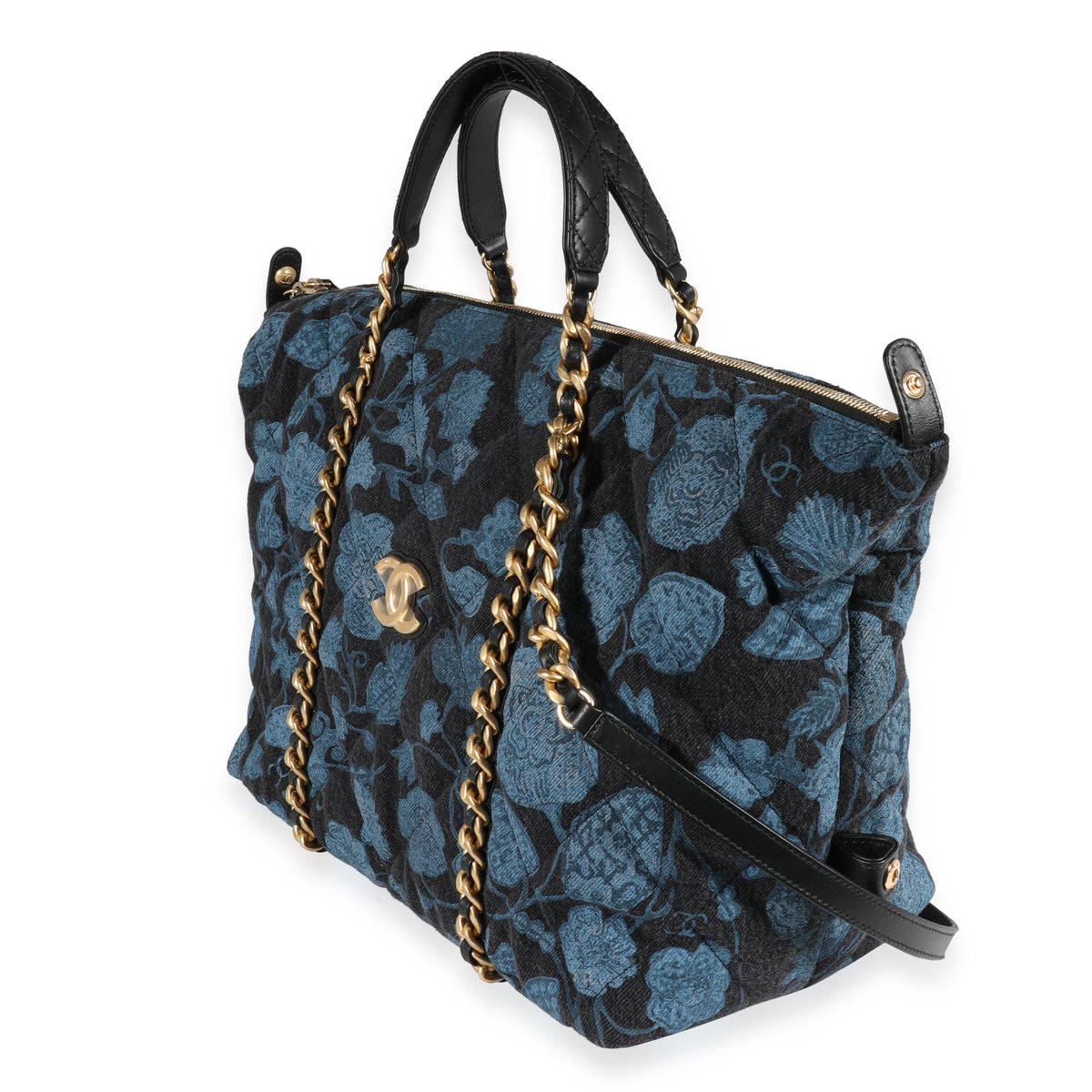 Chanel Blue Floral Quilted Denim Bowling Bag