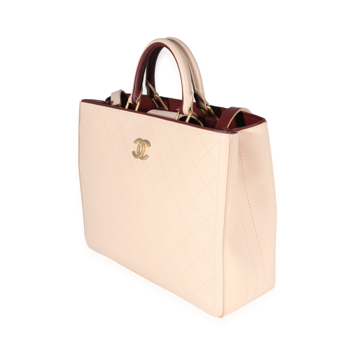 Chanel Beige & Burgundy Quilted Calfskin Shopping Tote