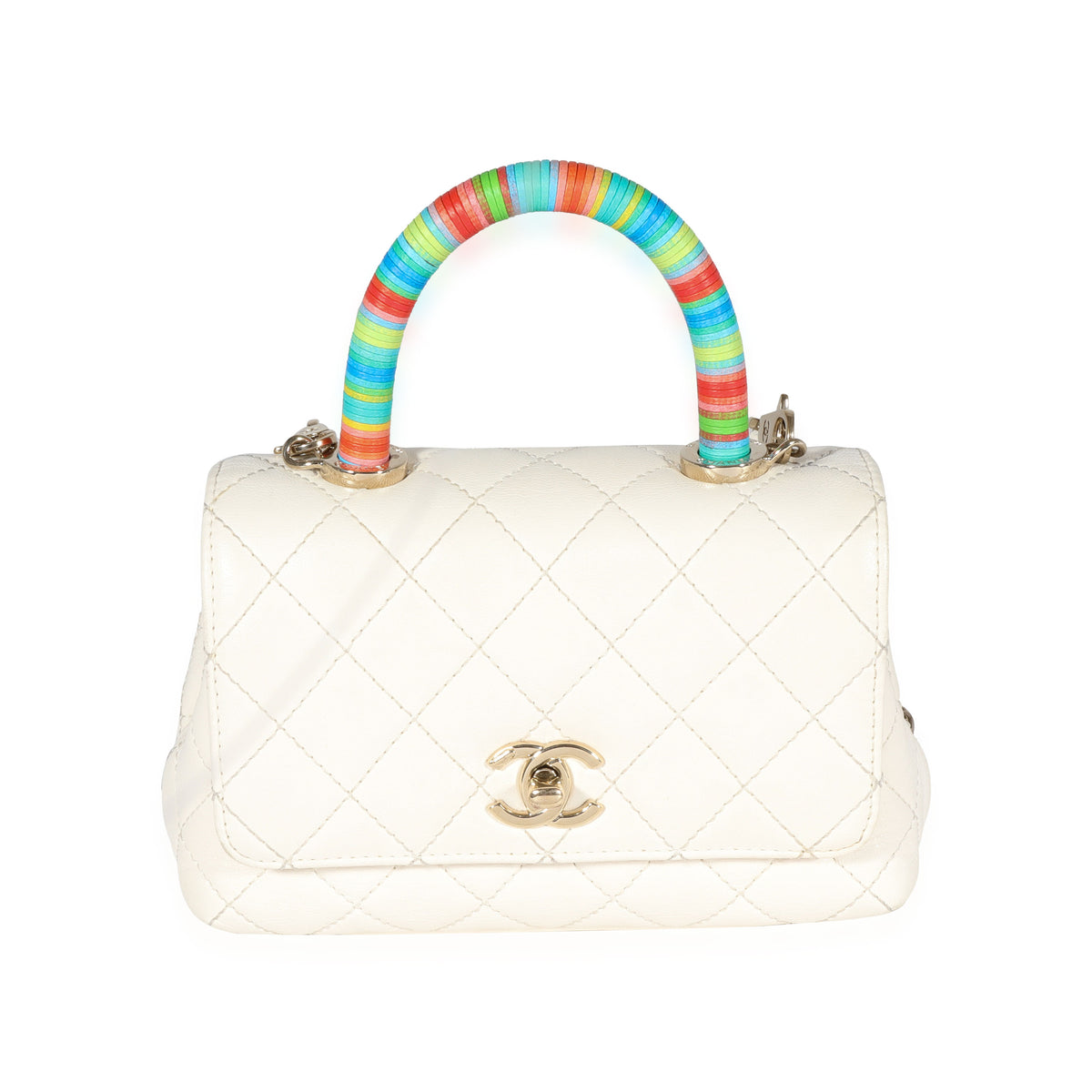 Chanel White Quilted Goatskin Extra Mini Rainbow Coco Top Handle Flap Bag, myGemma