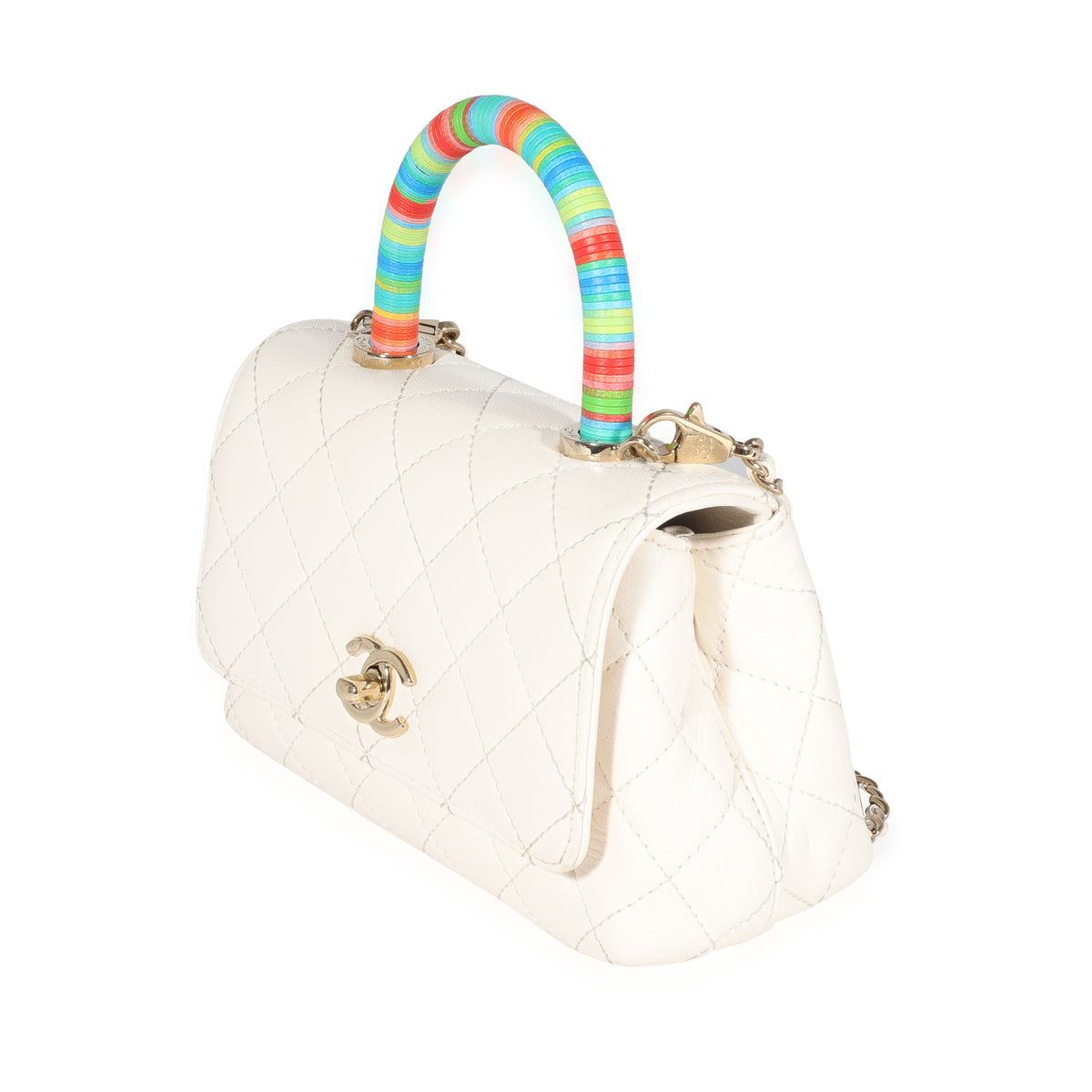 Chanel White Quilted Goatskin Extra Mini Rainbow Coco Top Handle Flap Bag, myGemma