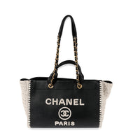 Chanel Black Leather & Beige Crochet Large Deauville Tote