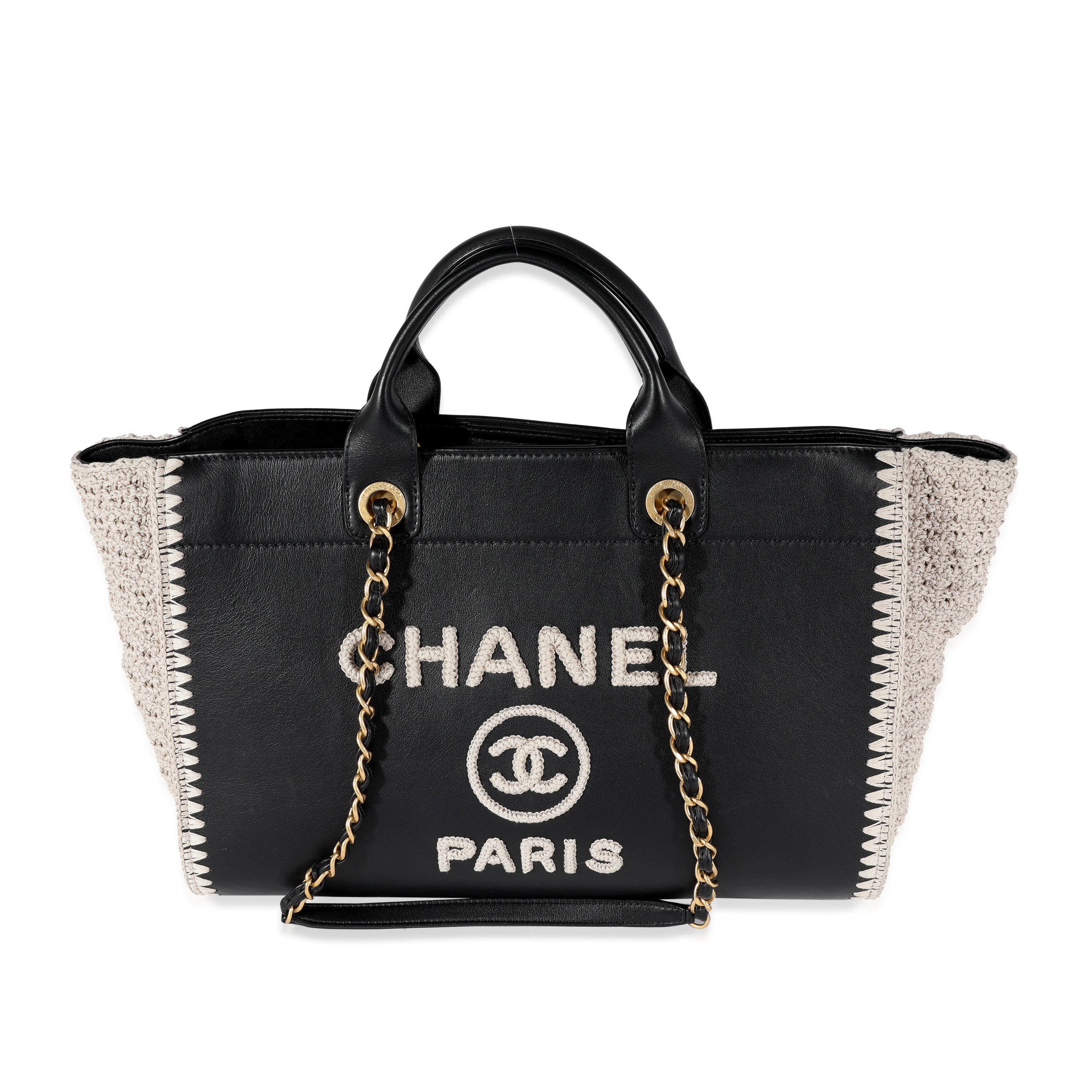 Chanel Black Leather & Beige Crochet Large Deauville Tote