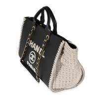 Chanel Black Leather & Beige Crochet Large Deauville Tote