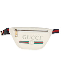 Gucci White Grained Calfskin Logo Print Web Small Belt Bag