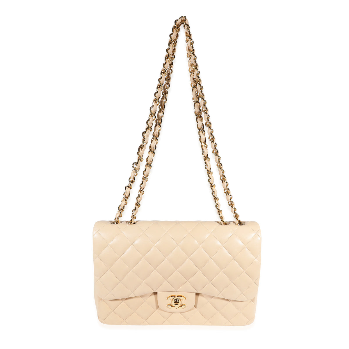 Chanel Beige Quilted Lambskin New Classic Double Flap Jumbo