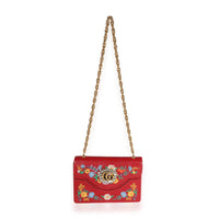 Gucci Red Leather Linea Ricami Floral Embroidered Bag