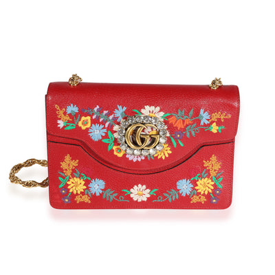 Gucci Red Leather Linea Ricami Floral Embroidered Bag