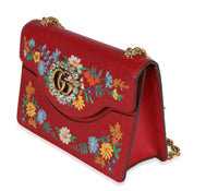 Gucci Red Leather Linea Ricami Floral Embroidered Bag