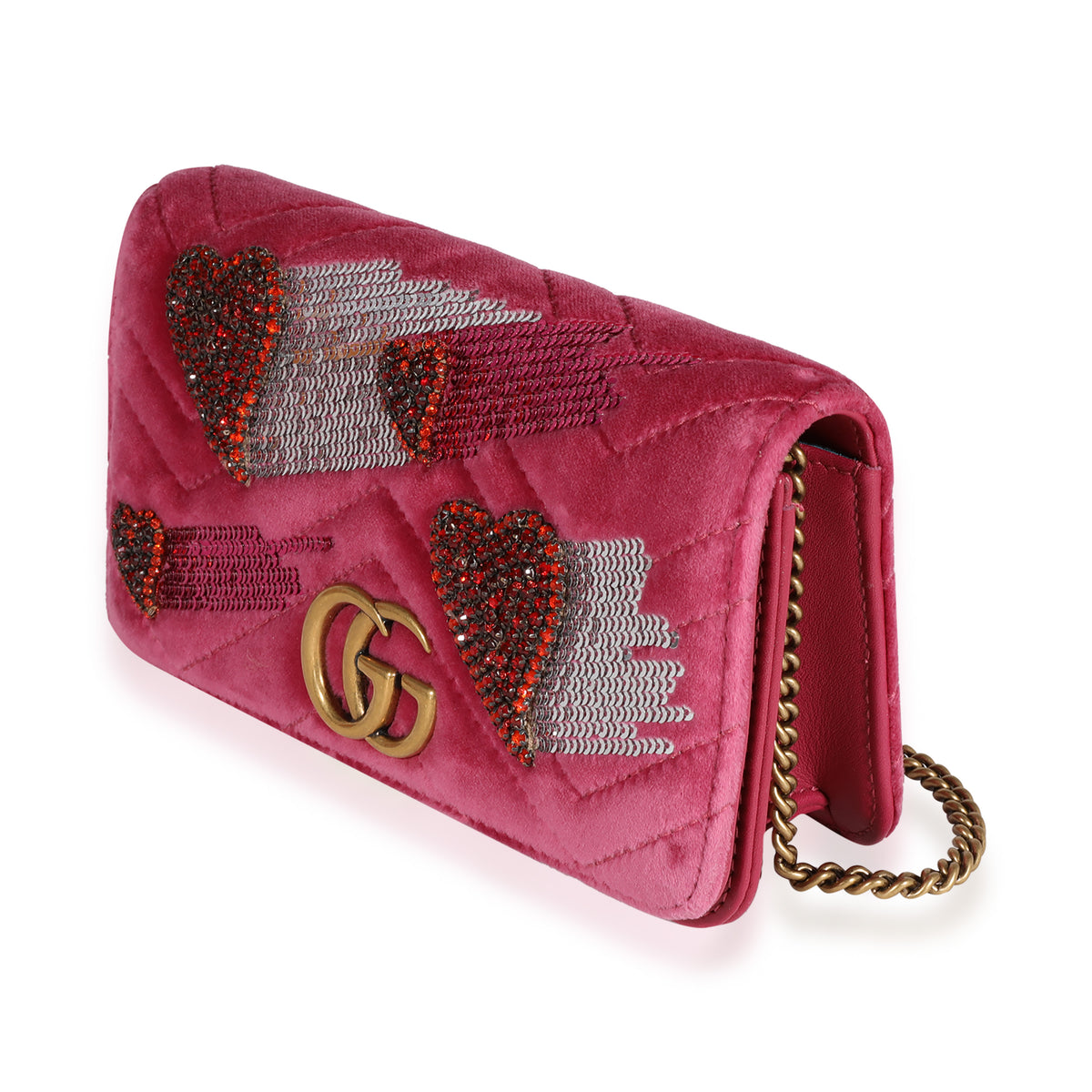 Gucci Pink Crystal & Sequin Heart Velvet Mini Marmont Bag