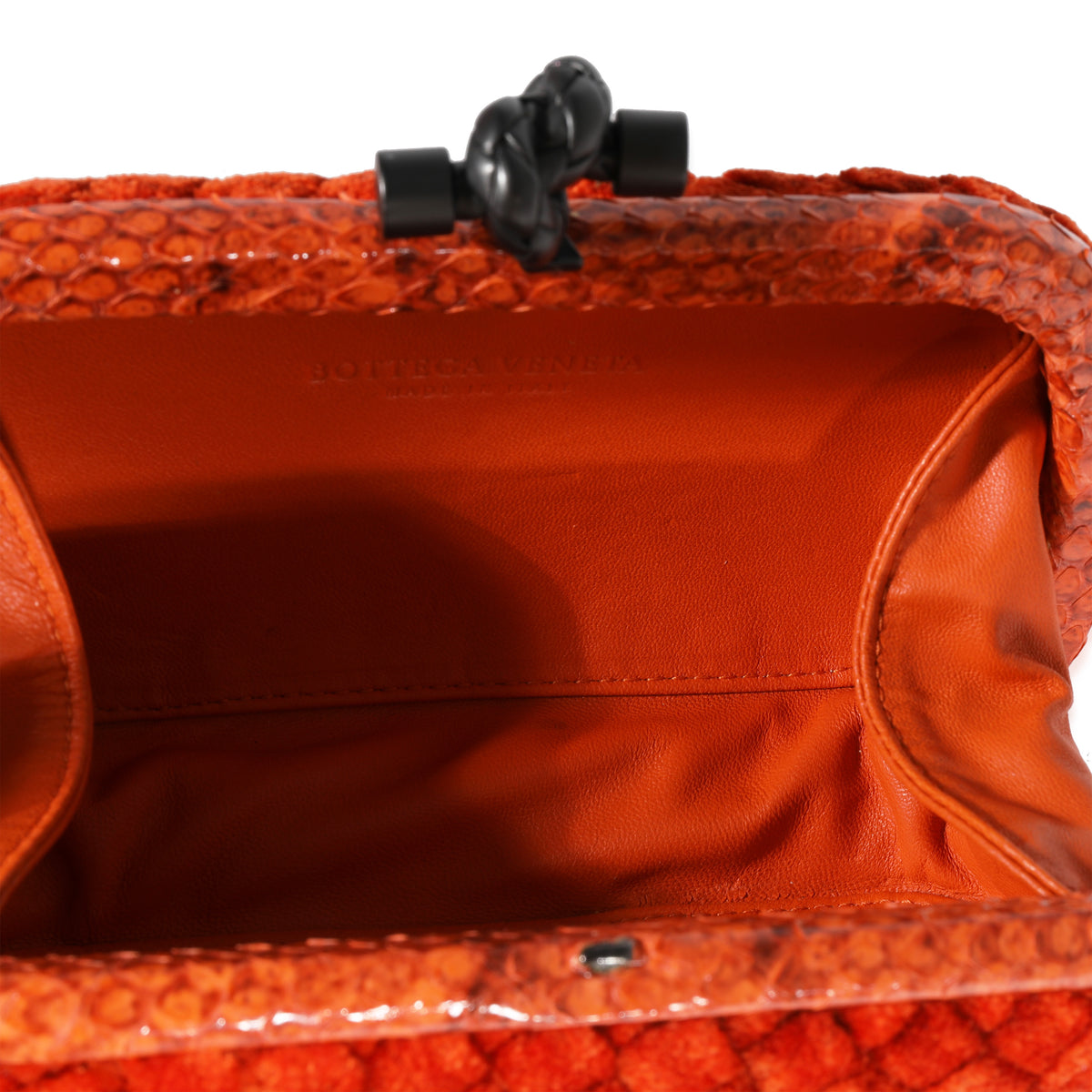 Bottega Veneta Orange Intrecciato Velvet & Python Knot Clutch