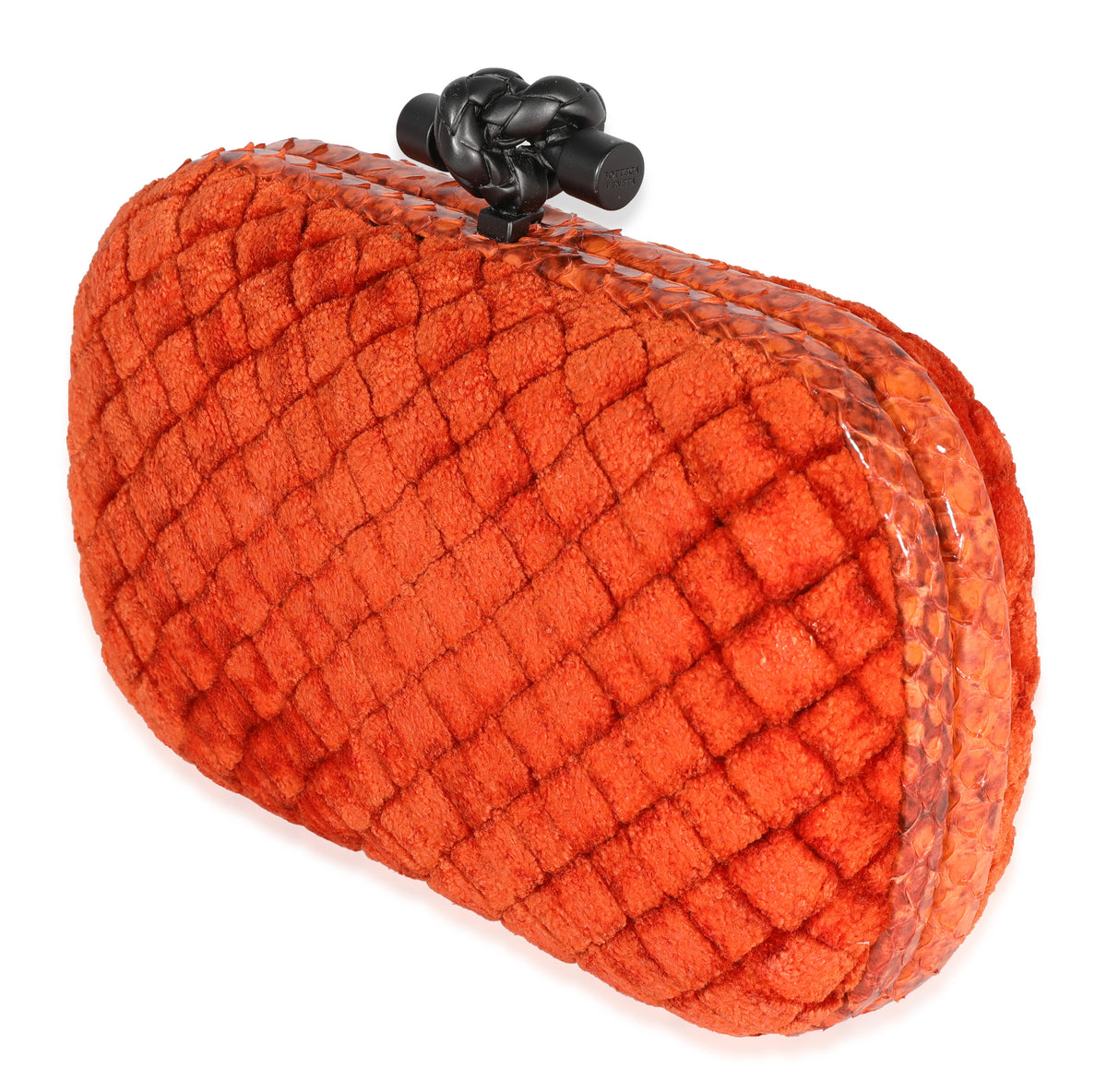 Bottega Veneta Orange Intrecciato Velvet & Python Knot Clutch