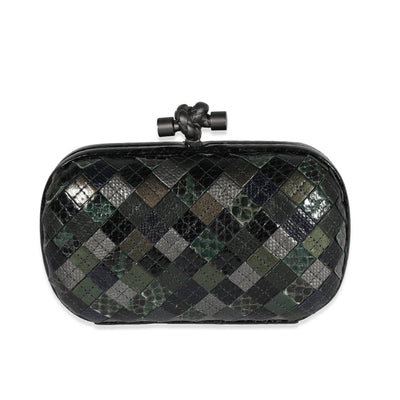 Bottega Veneta Green & Black Patchwork Intrecciato Python Knot Clutch