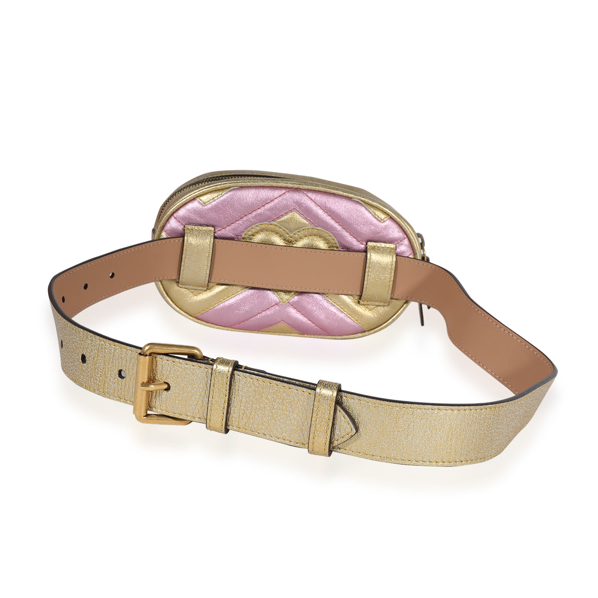 Gucci Metallic Gold & Pink Matelassé Marmont Belt Bag 75/30