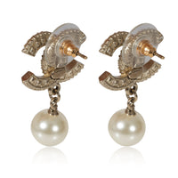 Chanel Gold Tone CC Strass & Pearl Dangle Earrings