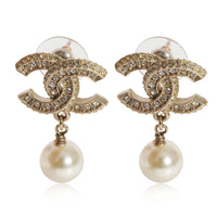 Chanel Gold Tone CC Strass & Pearl Dangle Earrings