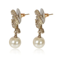 Chanel Gold Tone CC Strass & Pearl Dangle Earrings