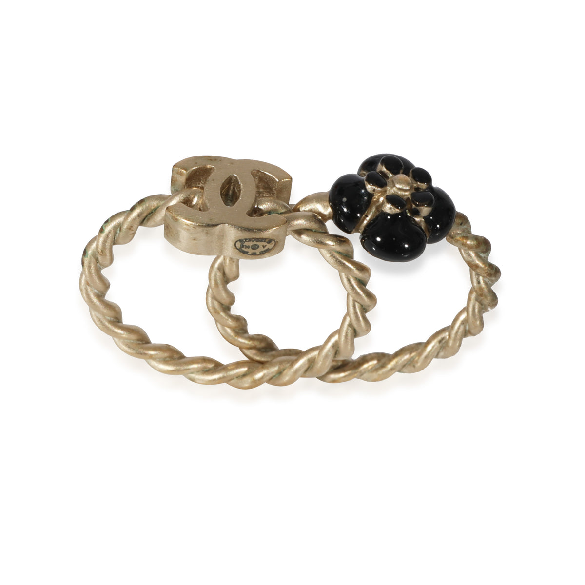 Chanel Gold Tone CC & Black Enamel Flower Ring Set