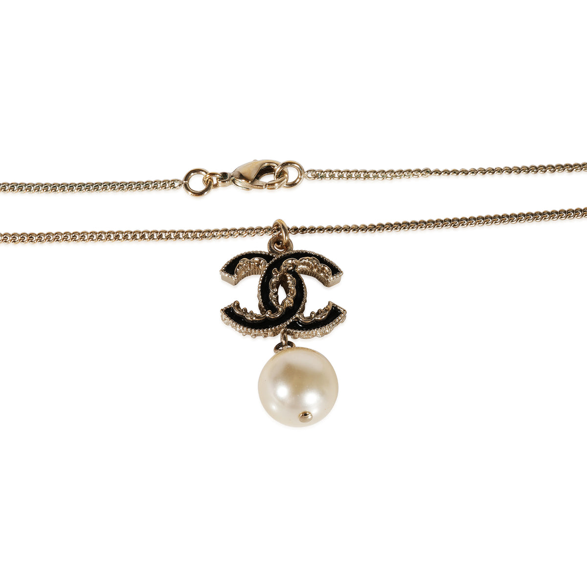 Chanel Ruffled CC with Black Enamel, Pearl Drop Pendant Necklace