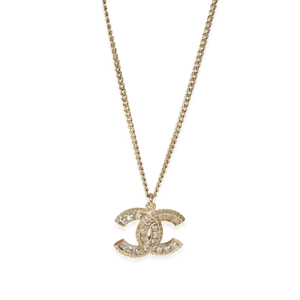 Chanel Gold Tone Crystal CC Pendant Necklace