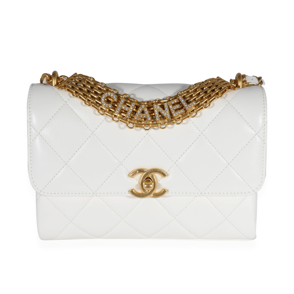 Chanel White Quilted Lambskin Crystal Logo Chain Flap Bag, myGemma, SG