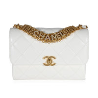 Chanel White Quilted Lambskin Crystal Logo Chain Flap Bag