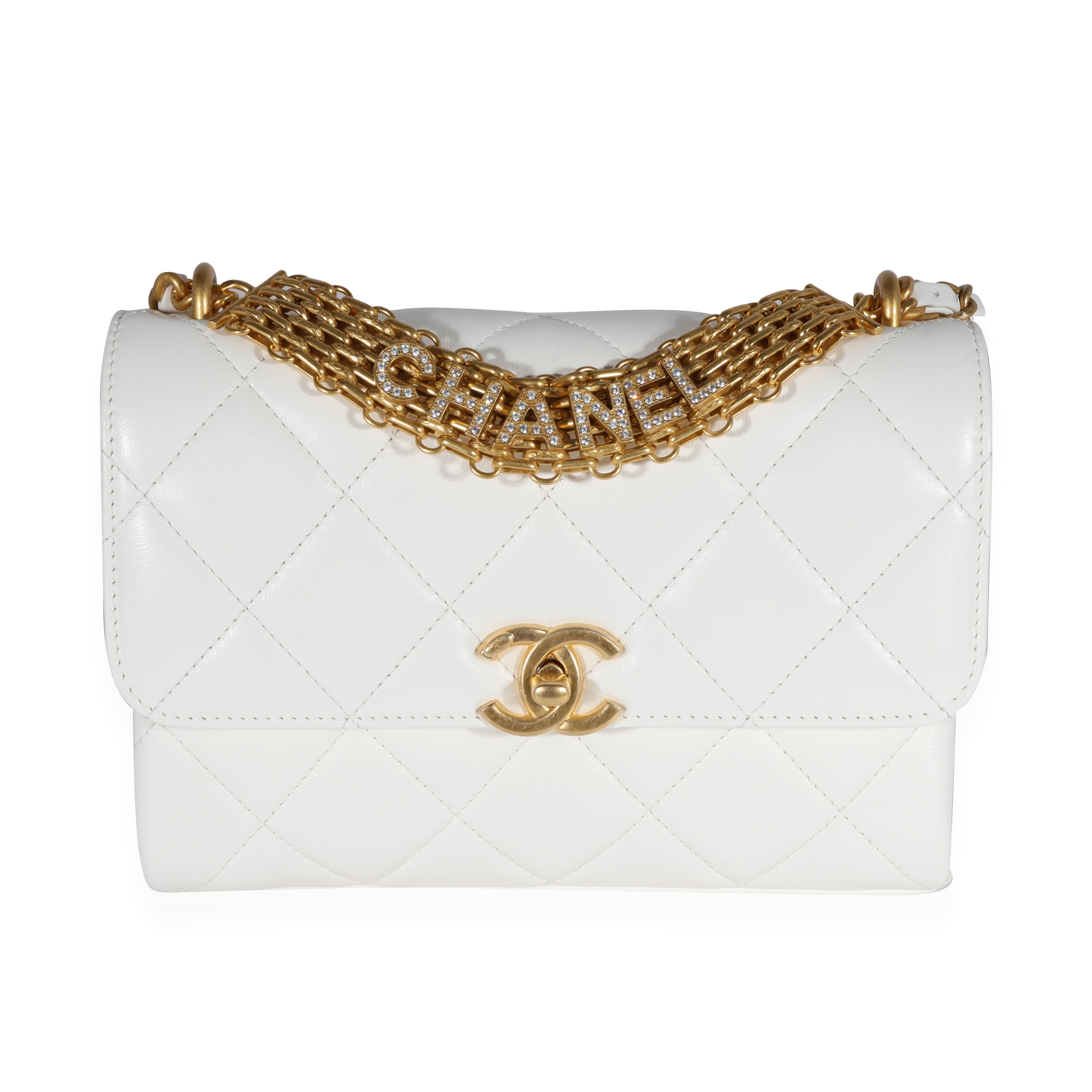 Chanel Crystal Logo Letters Chain Handle Flap Bag Quilted Lambskin