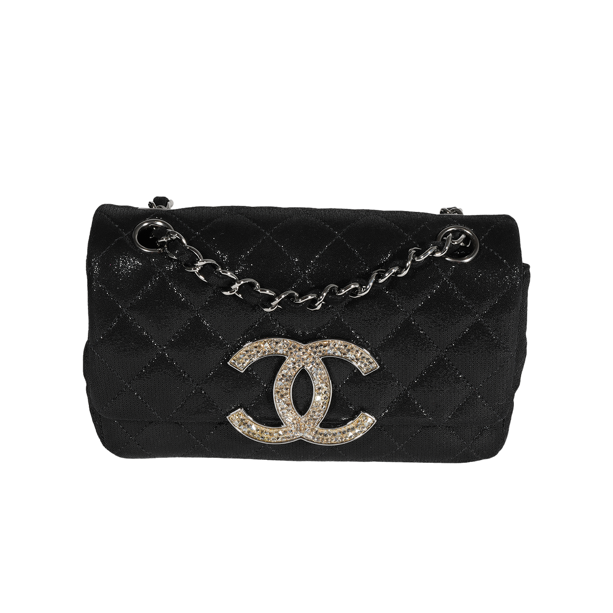 Chanel Black Quilted Nubuck Crystal CC Flap Bag