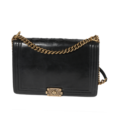 Chanel Black Glazed Leather Large Reverso Boy Bag